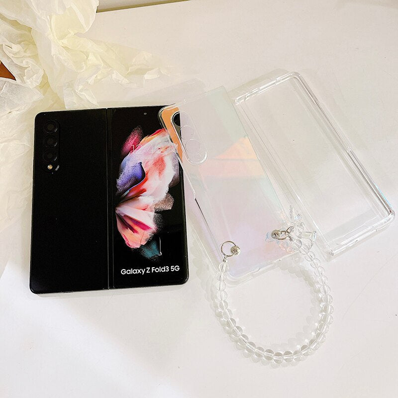 Portable Bead Chain With Cute 3D Crystal Bear Pendant Phone Case For Samsung Galaxy Z Fold 4