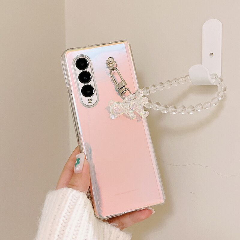 Portable Bead Chain With Cute 3D Crystal Bear Pendant Phone Case For Samsung Galaxy Z Fold 4