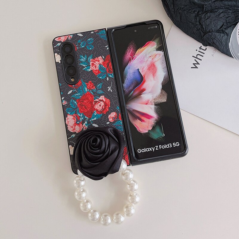 Elegant Leather Rose case with Pearl Bracelet For Samsung Galaxy Z Fold 4