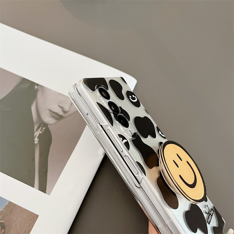 Cartoon Smiling Face Phone Stand Milk Cow Case for Samsung Galaxy Z Fold 4