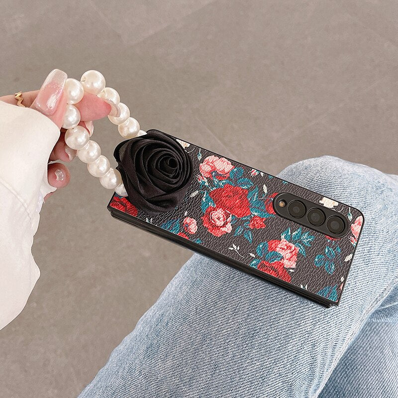 Elegant Leather Rose case with Pearl Bracelet For Samsung Galaxy Z Fold 4